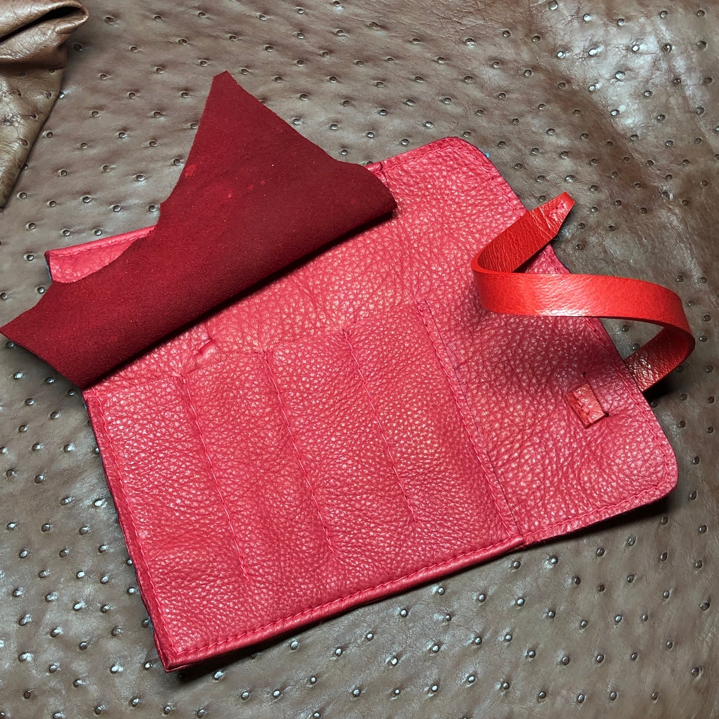 Ostrich Leather with Deerskin Lining, Pen Roll for 4 pens