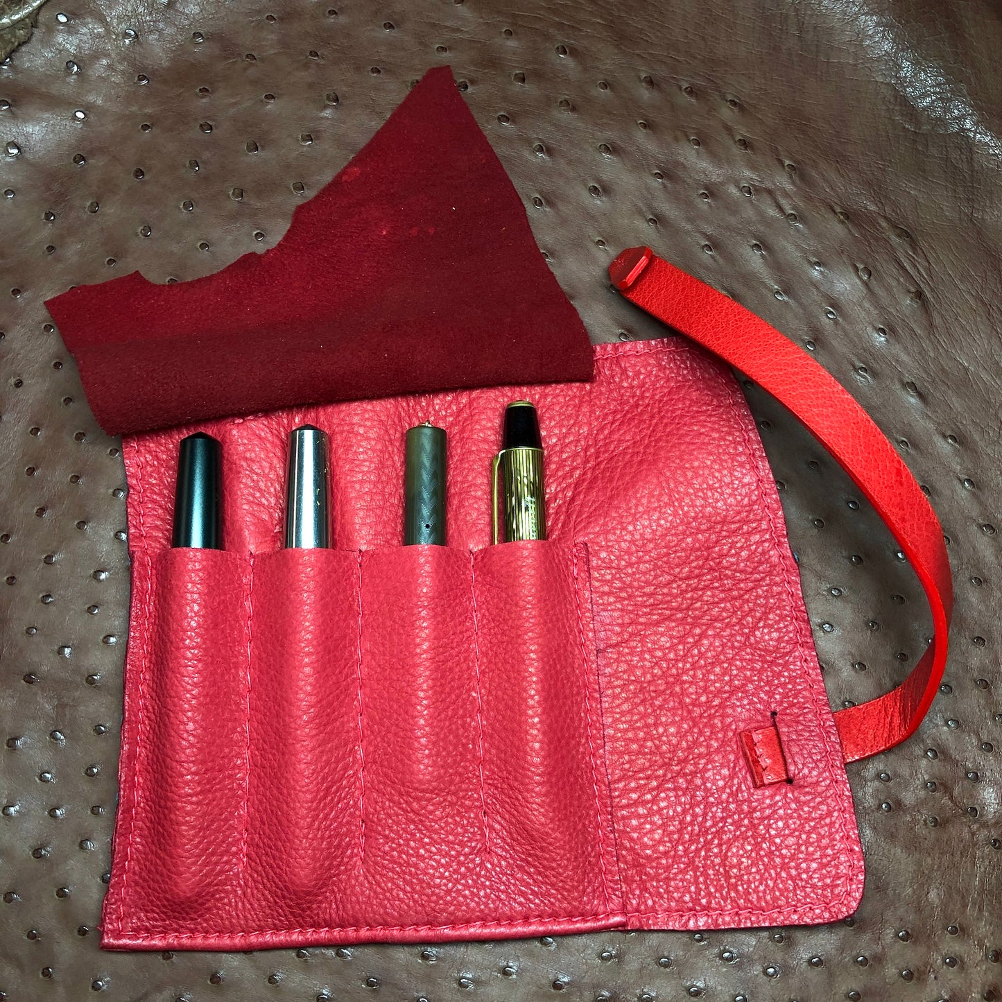 Ostrich Leather with Deerskin Lining, Pen Roll for 4 pens