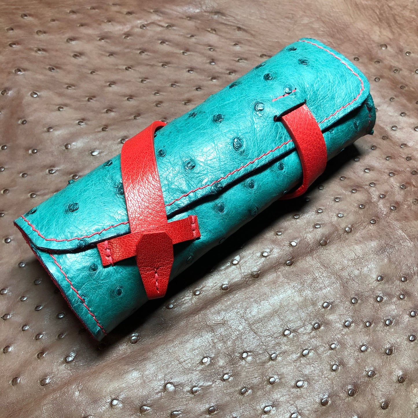 Ostrich Leather with Deerskin Lining, Pen Roll for 4 pens