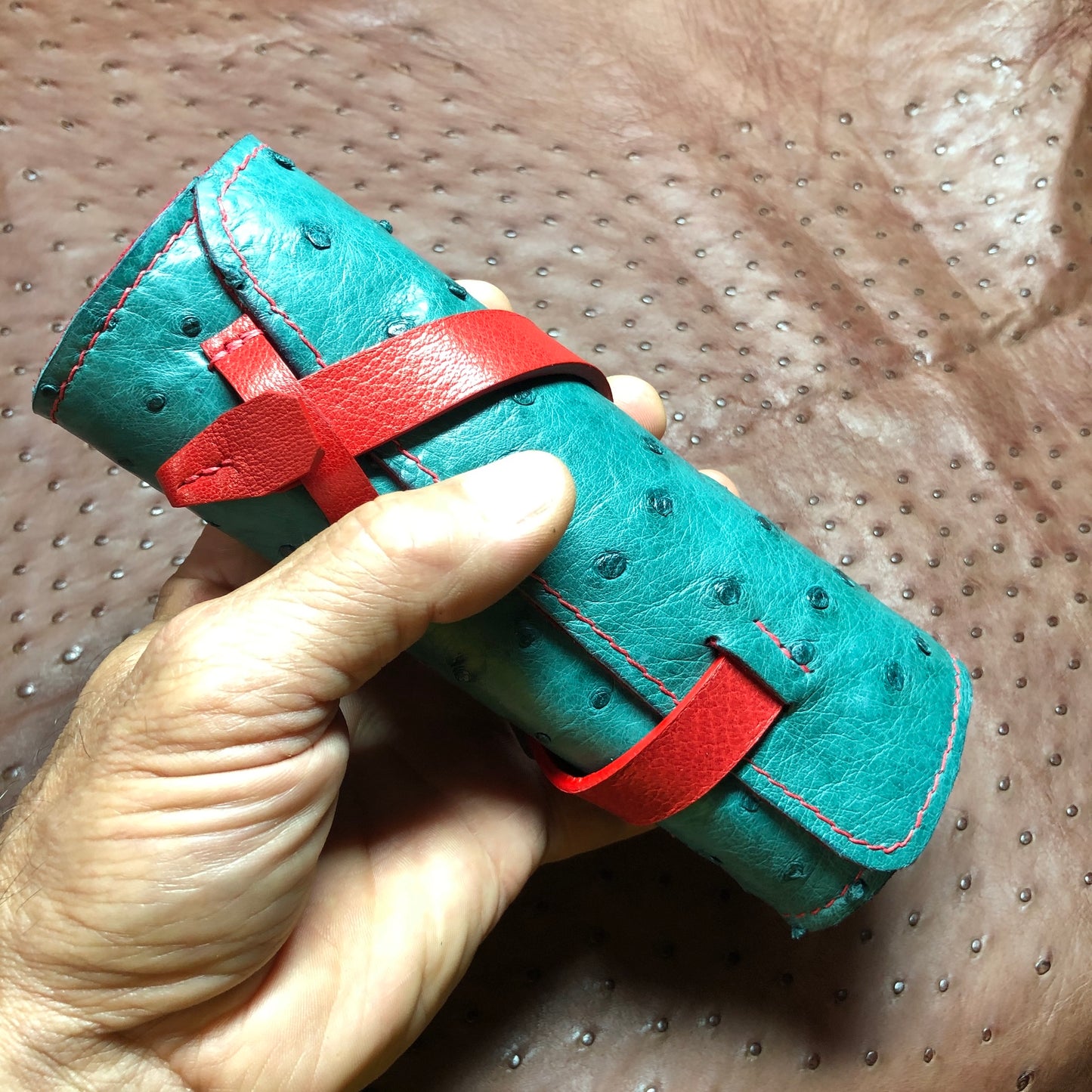 Ostrich Leather with Deerskin Lining, Pen Roll for 4 pens