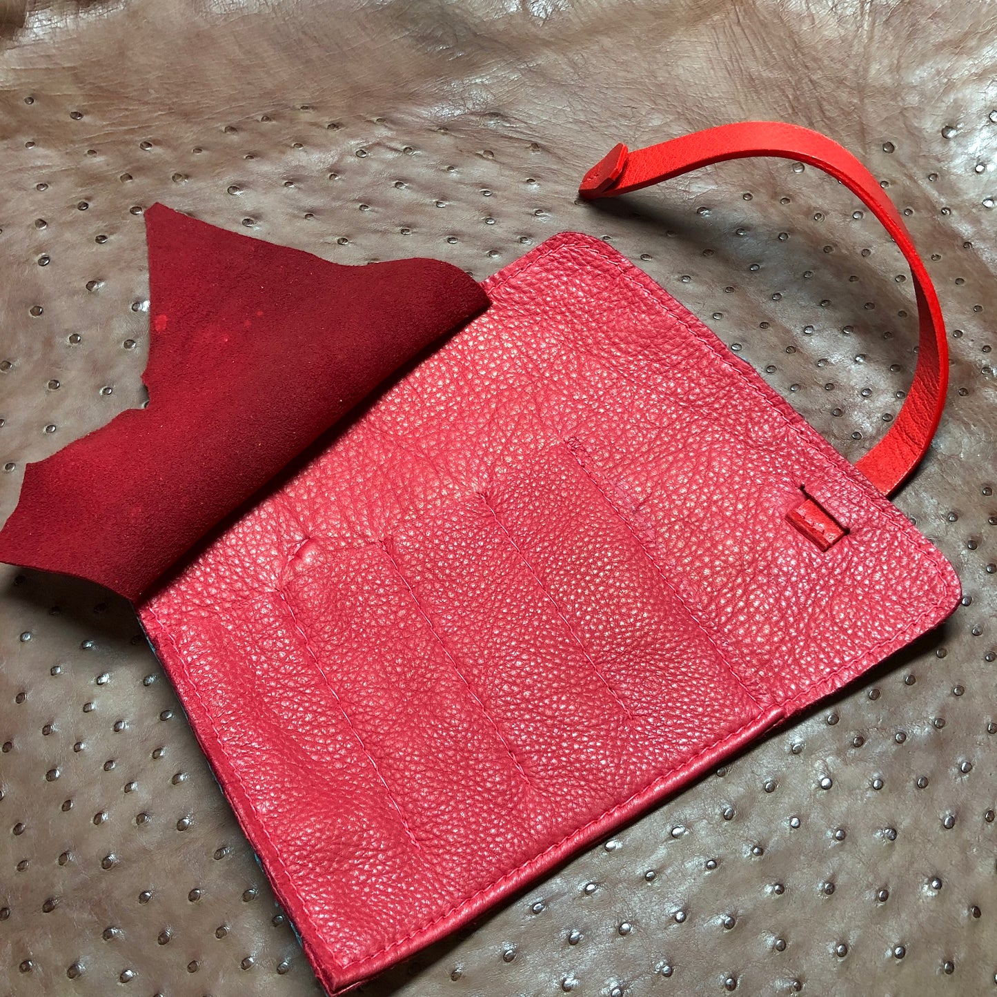 Ostrich Leather with Deerskin Lining, Pen Roll for 4 pens