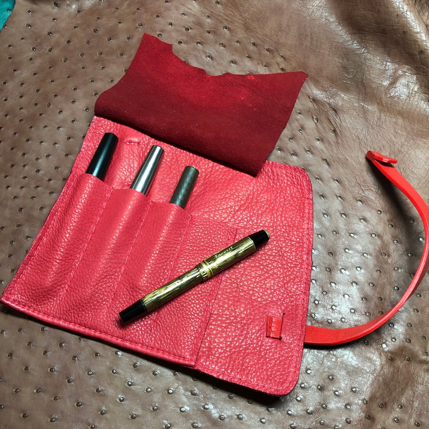 Ostrich Leather with Deerskin Lining, Pen Roll for 4 pens