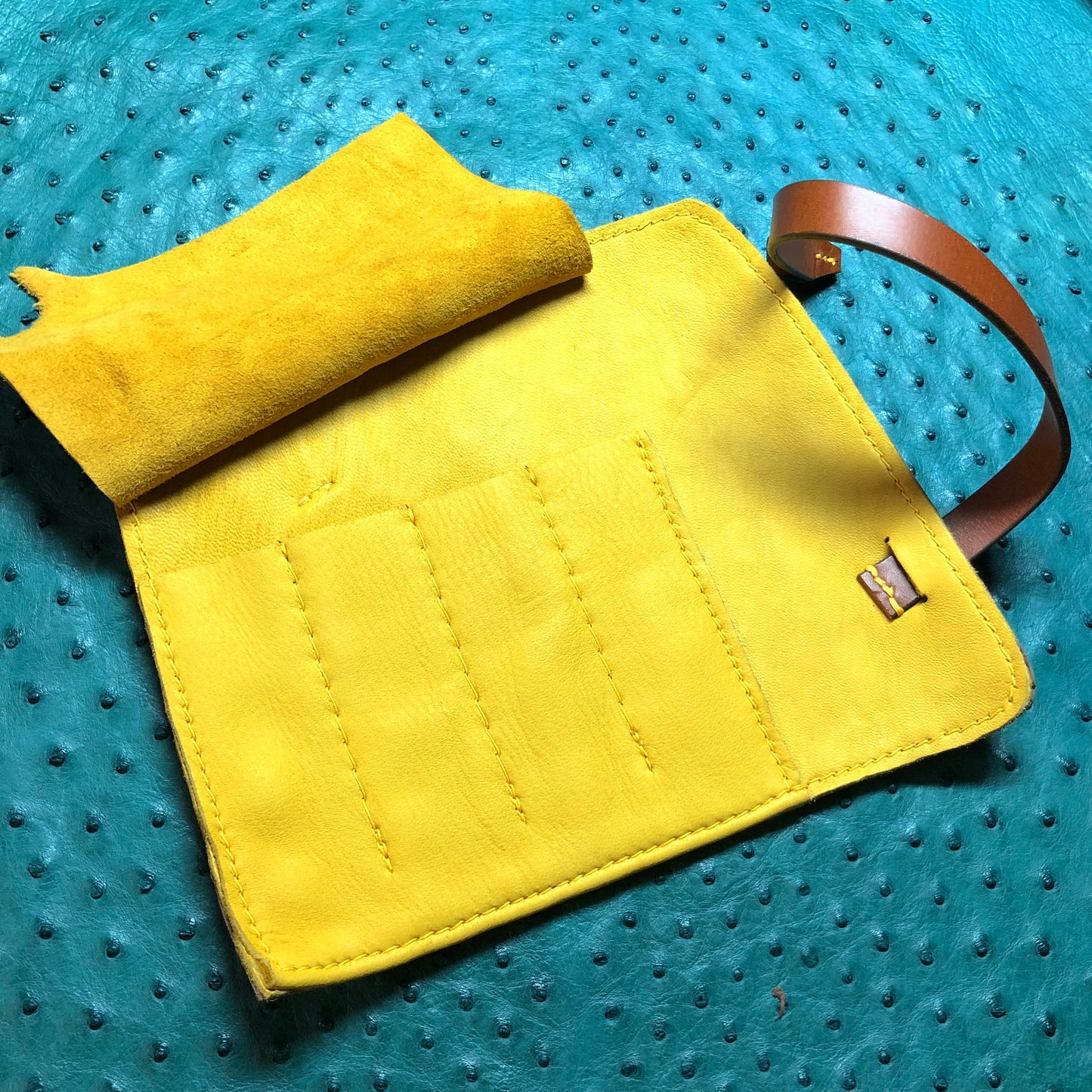 Ostrich Leather with Deerskin Lining, Pen Roll for 4 pens