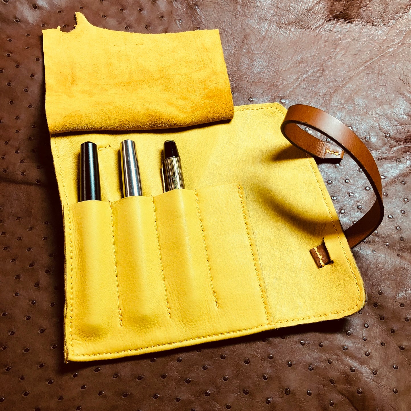 Ostrich Leather with Deerskin Lining, Pen Roll for 4 pens
