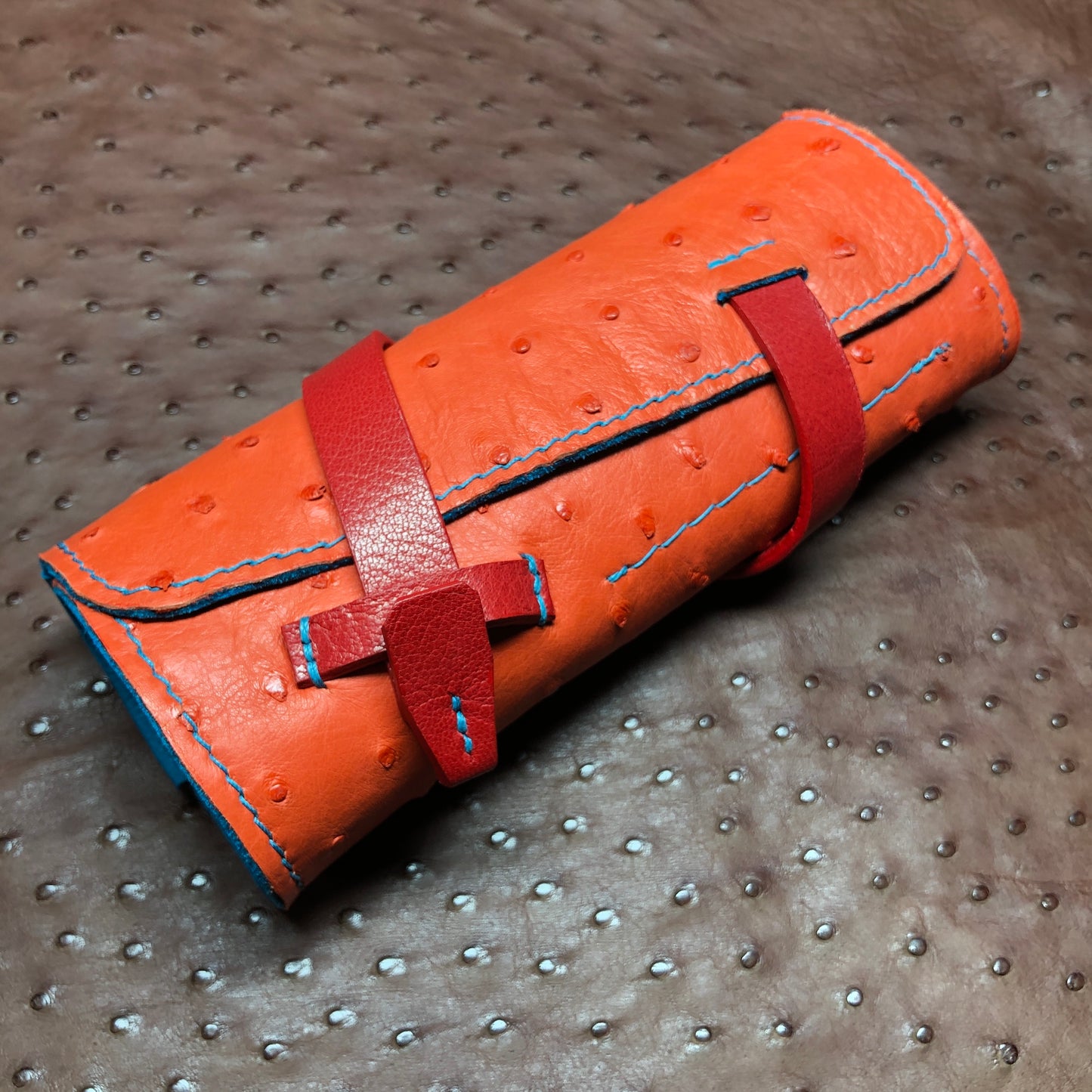 Ostrich Leather with Deerskin Lining, Pen Roll for 6 pens