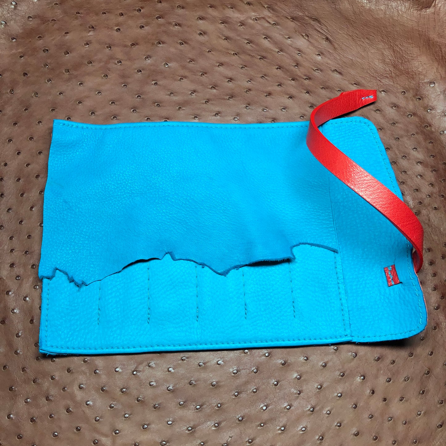 Ostrich Leather with Deerskin Lining, Pen Roll for 6 pens