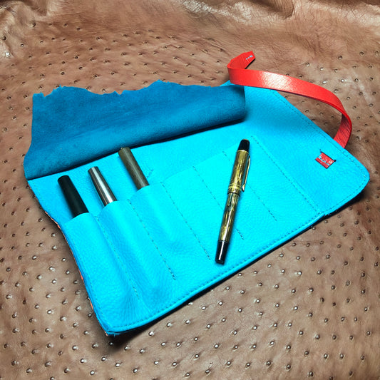 Ostrich Leather with Deerskin Lining, Pen Roll for 6 pens
