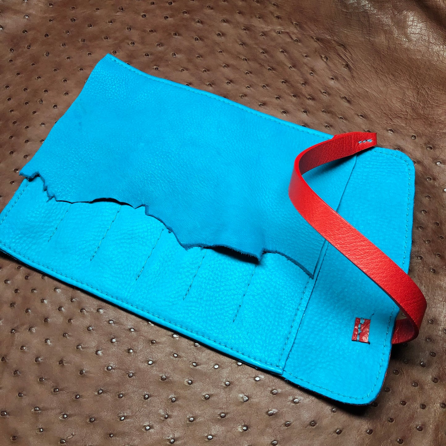Ostrich Leather with Deerskin Lining, Pen Roll for 6 pens