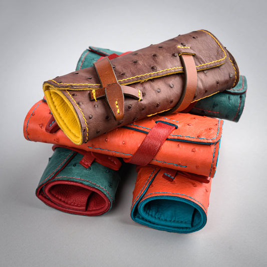 Ostrich Leather with Deerskin Lining, Pen Roll for 4 pens