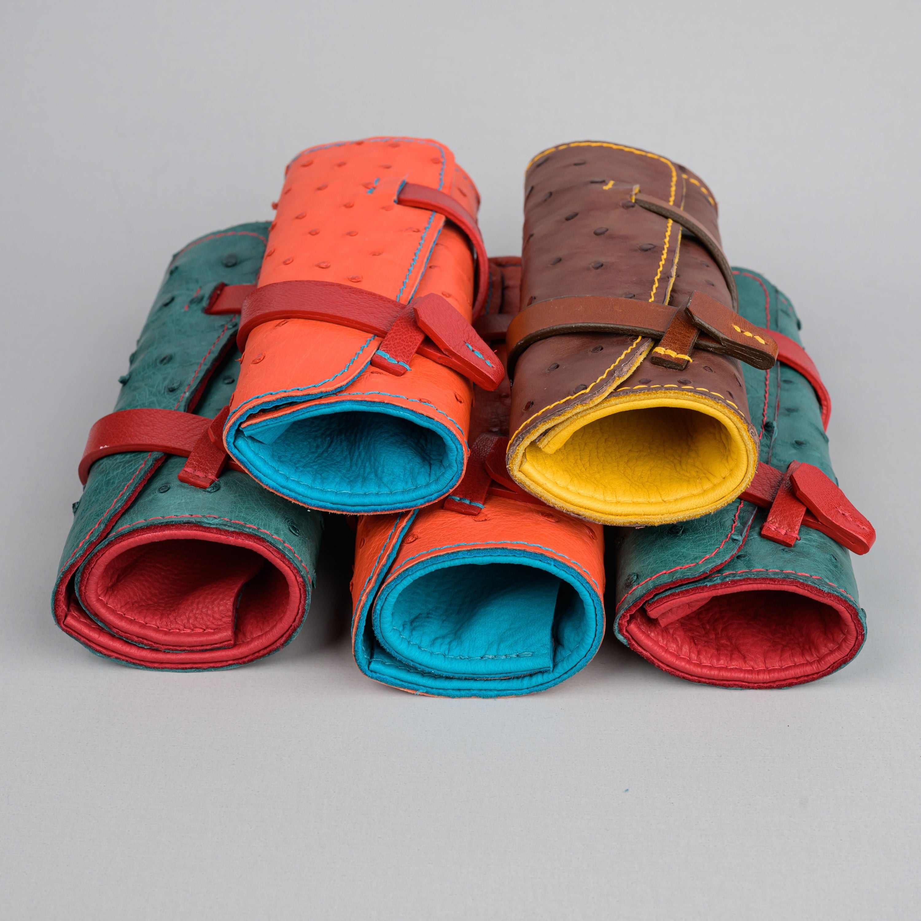 Leather Pen rolls for fountain pens from ostrich and deerskin leather. 