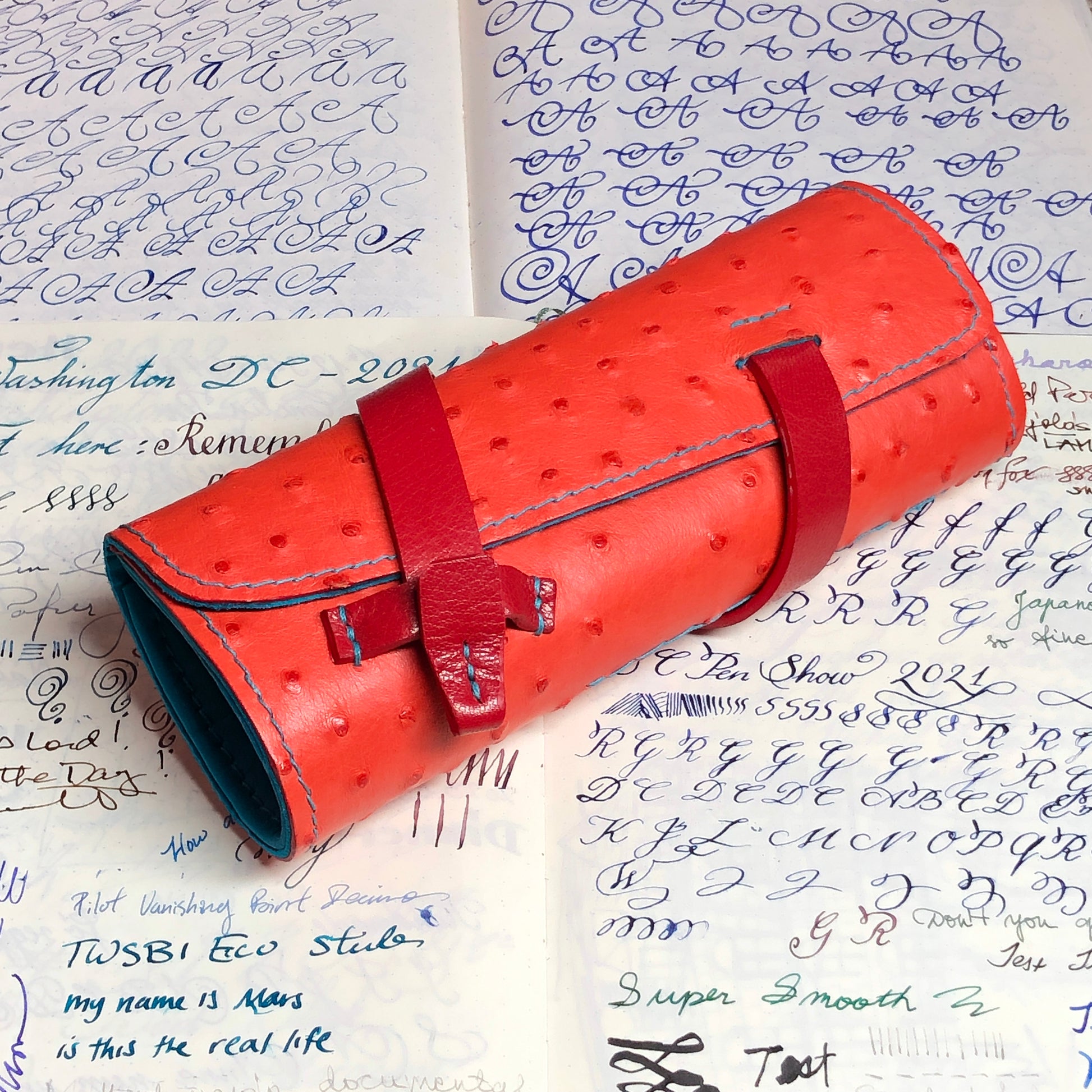 Red ostrich leather pen roll with a leather closure, background of handwritten text