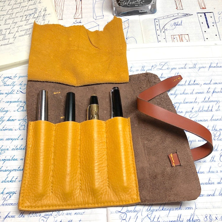 Fountain pen roll for 4 pens. Bison Leather pen wrap. Handmade leather pen holder.