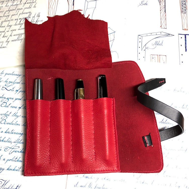 Cowhide Pen Roll - Black and Red RS for 4 or 6 pens