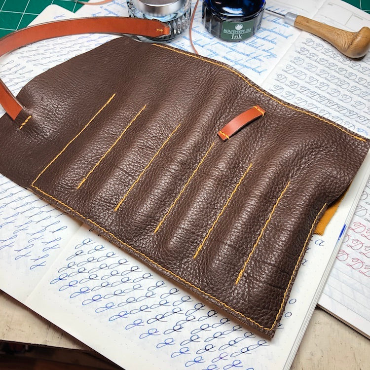 Fountain pen roll for 6 pens. Bison Leather pen case. Handmade leather pen holder.