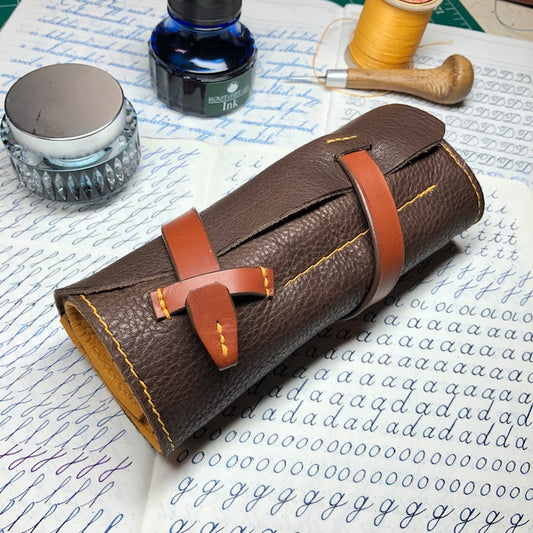 Fountain pen roll for 6 pens. Bison Leather pen case. Handmade leather pen holder. 