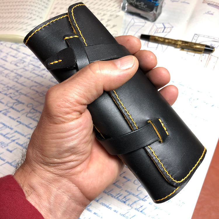 Handmade Cowhide Leather Fountain Pen Roll, Leather Pen Case, pen wrap. Black and golden yellow co