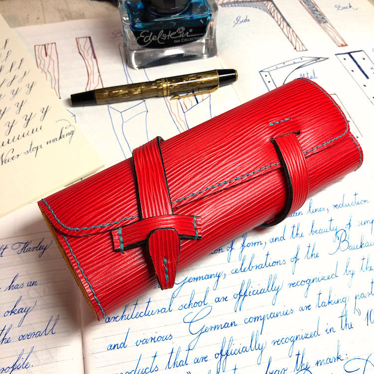 EPI Leather Pen Roll, Pen wrap, Red for 4 pens
