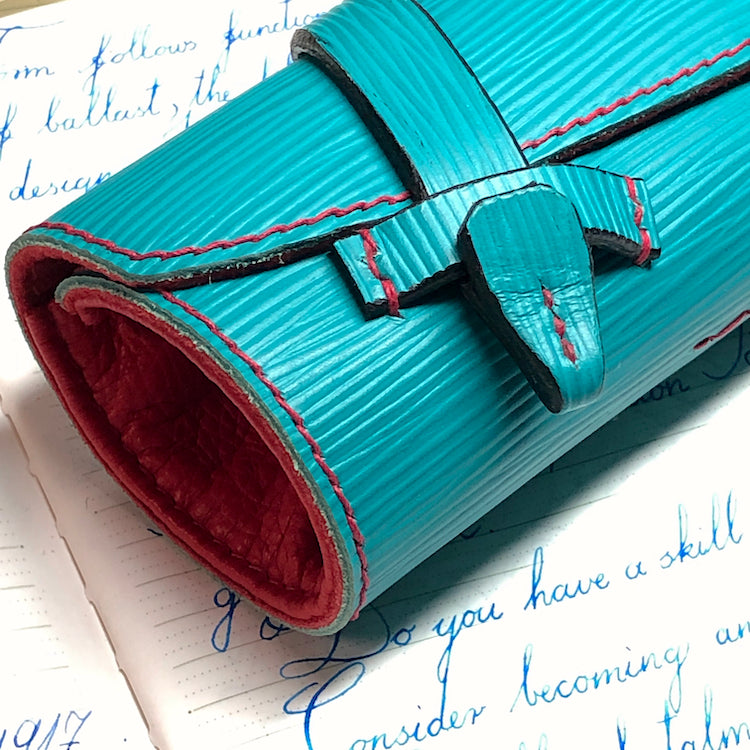 EPI Leather Pen Roll, Pen wrap, Turquoise - Red for 4 pens