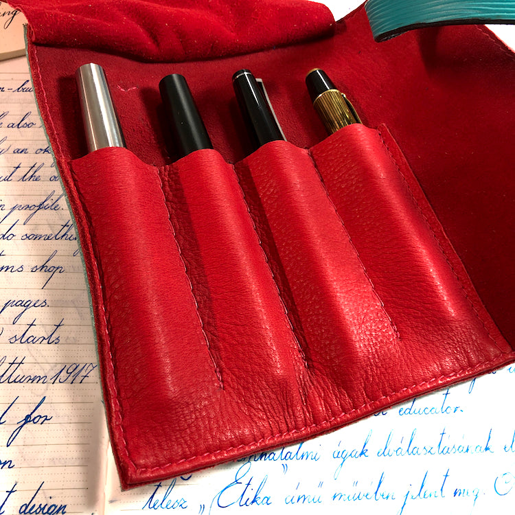 EPI Leather Pen Roll, Pen wrap, Turquoise - Red for 4 pens