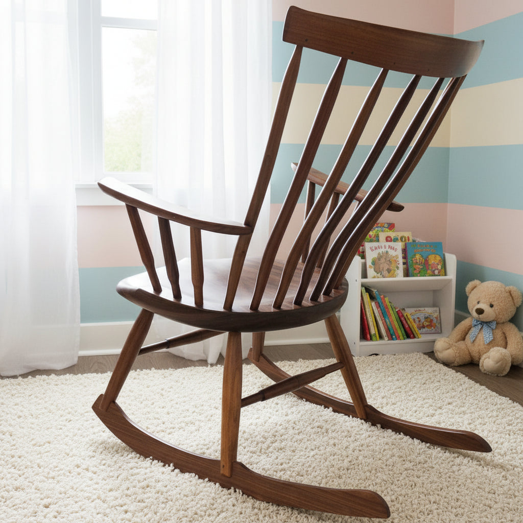 Black walnut rocking chair in a nursery room.
