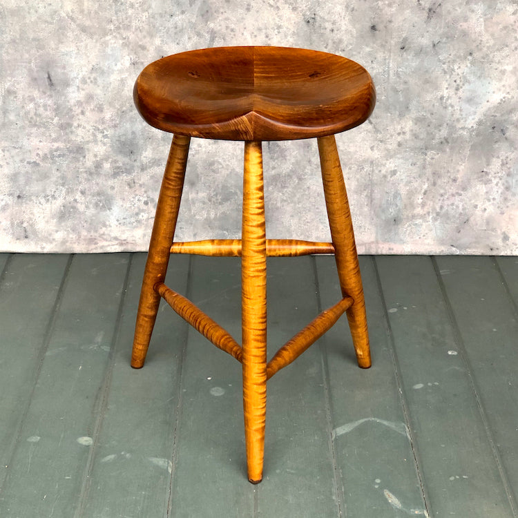All Tiger Maple Tripod stool, 22" high for drawing, painting or if you spend long hours at the drafting table, practice your guitar or any other instrument. 